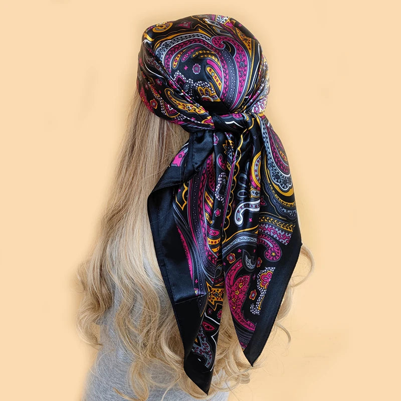 New 90*90cm Retro Brand Women Silk Scarf Bandanna Fashion Bohemian Pattern Square Hijab Lady Wrap Headband foulard muffler