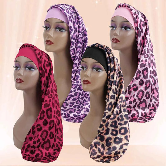 Women's Long Round Tail Bonnet-Silk Sleep Bonnet with Wide Elastic Edge-Hair Protector for Curly & Straight Hair-Leopard Print