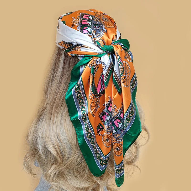 New 90*90cm Retro Brand Women Silk Scarf Bandanna Fashion Bohemian Pattern Square Hijab Lady Wrap Headband foulard muffler
