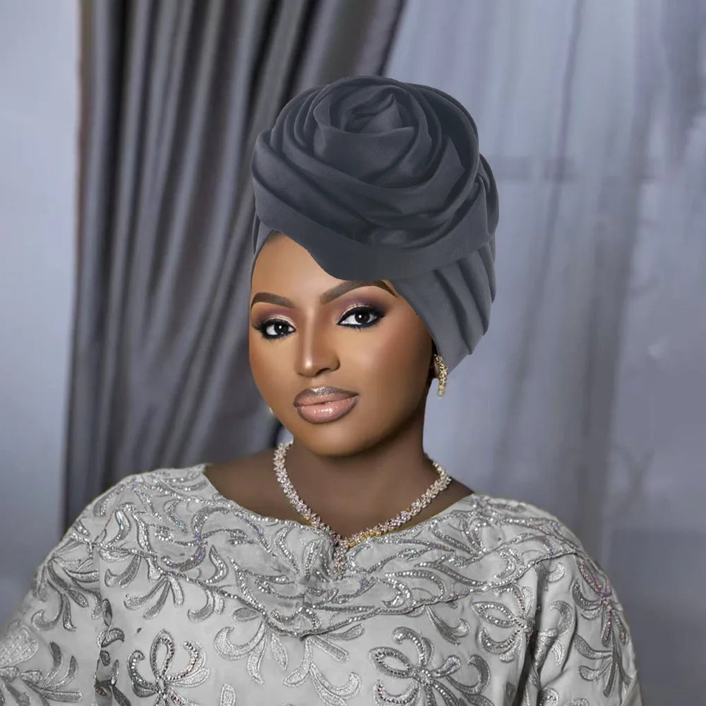 Women Party Turban Big Flower Head Wrap Chemo Cap Nigeria Wedding Headwear Muslim Hijab Bonnet Headscarf Skullies Turbante Mujer