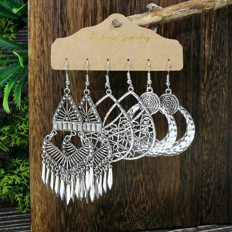 New Fashion Bohemian Flower Tassel Drop Earrings For Women Retro Jewelry Hollow Geometric Pendant Earrings Aesthetic Accessories