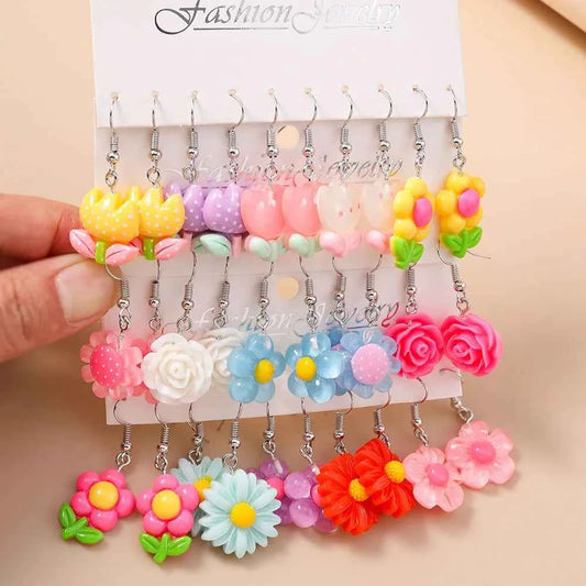 Cute 5 Pairs Flower Earrings for Women Girls Colorful Dangle Drop Earrings Handmade Kids Jewelry Gifts