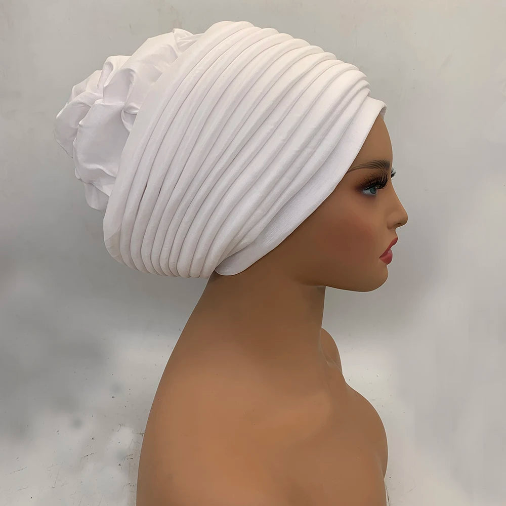 New Raw Silk Pleated Turban Cap for Women African Female Head Wraps Nigeria Lady Headwear Hat Wedding Headtie - NamafadStore