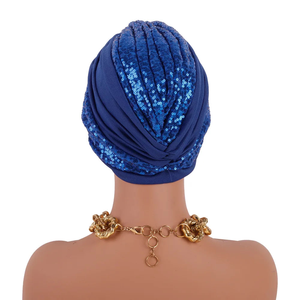 Shining Sequins African Turban Cap Female Head Wraps Muslim Headscarf Bonnet Hijab Hat Nigeria Wedding Party Headpiece - NamafadStore