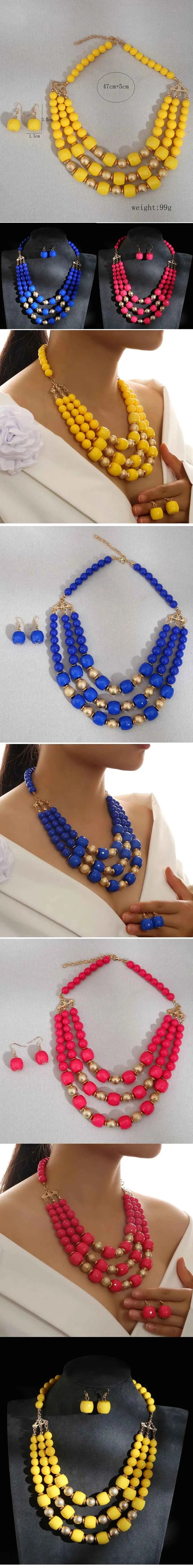 Fashion Jewelry sets Colorful Acrylic Round Beads Multilayer Necklace Earrings Set For Women Bijoux Statement Necklace Jewellery