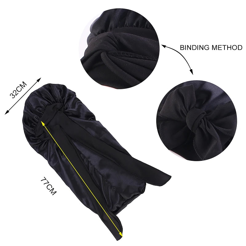 Women long Oversized Elastic Satin Bonnet Sleeping Cap With Ribbon Breathable Sleeping Cap Turban Sleep Headwear Bandanas