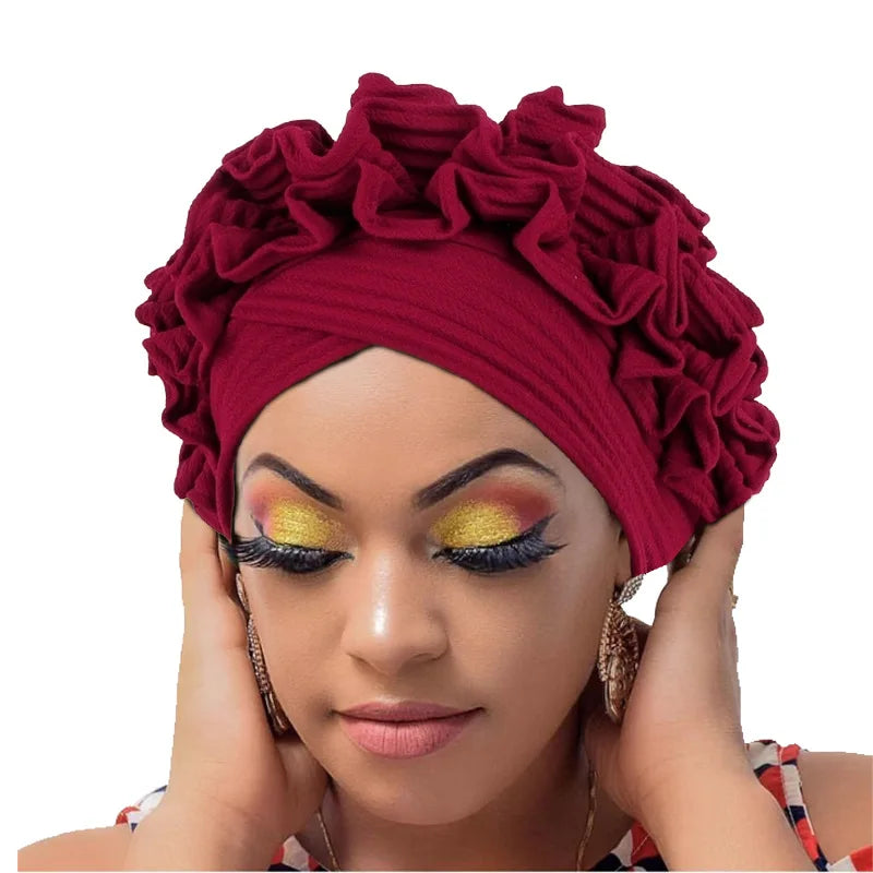 Ruffled Turban Cap Women's Head Wraps Soft Comfortable Headscarf Bonnet Lady Soild Color Headgear - NamafadStore