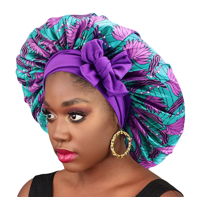 African Large Women Bonnet Satin Ribbon Sleep Cap Elastic Band Women Head Wrap Ladies Night Sleeping Cap Turban Chemo Hat - NamafadStore