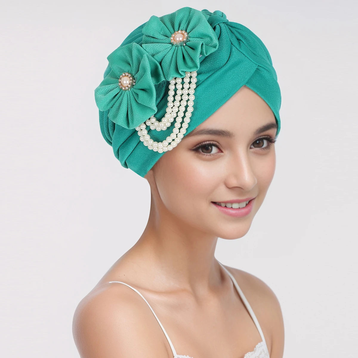 Pearls Beading Turban Cap for Women Flower Design Female Head Wraps Muslim Headscarf Bonnet Hairloss Hat Cover - NamafadStore