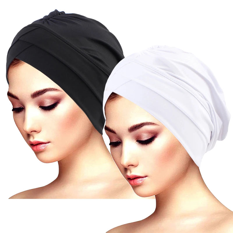 2PCS/LOT Classic Pleated Turban Hat Elegant Solid Color Head Wraps Headscarf Breathable Elastic Beanies Chemo Cap