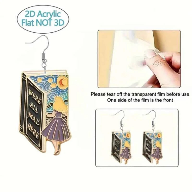 1 pair of art fairy tale book earrings 2D flat Alice image and classic statement casual party acrylic girl student earrings