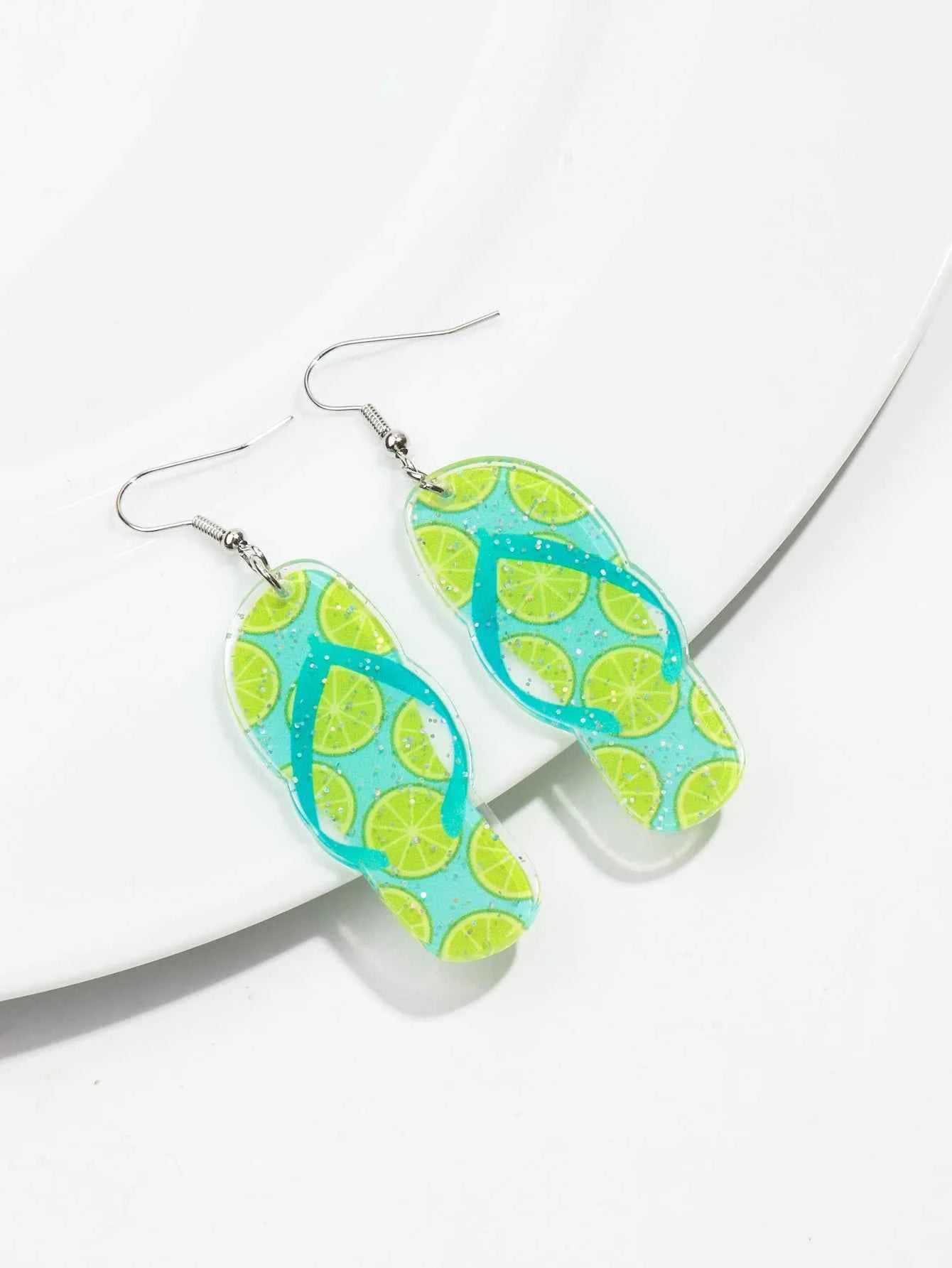 Bohomian Summer Acrylic Flower Slippers Earrings for Women Boho Resin Cute Lemon Leopard Print Shoes Earring Design Jewelry