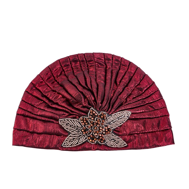 New Women Rhinestone Flower Pleated Turban Cap Ethnic Indian Hat Vintage Non Slip Head Band Chemo Cap Beanies Hair Accessories - NamafadStore