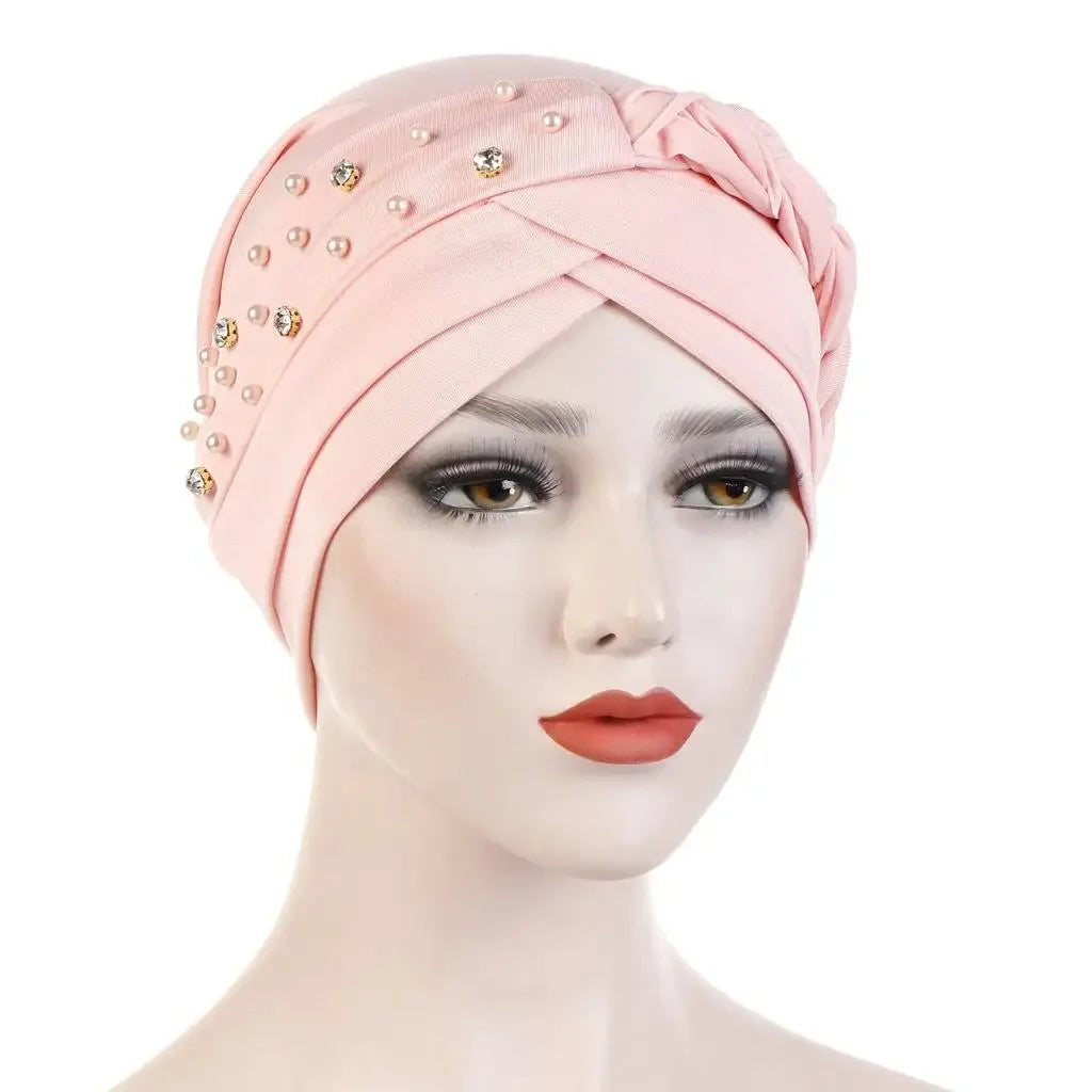 Women Lady Beads Muslim Braid Head Turban Wrap Cover Cancer Chemo Islamic Arab Cap Hat Hair Loss Bonnet Beanies Fashion - NamafadStore