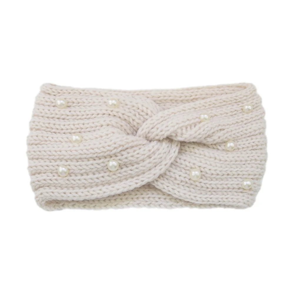 Fashion Pearls Knitted Headband Women Cross Knotted Hair Bands Autumn Winter Ear Warmer Protectors Wide Turban Hair Accessories - NamafadStore