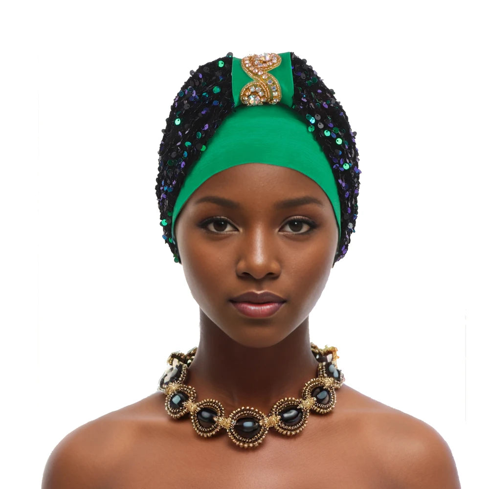 Shining Diamond Sequins Women's Turban Cap African Hat Headtie Bonnet Muslim Headwear Top Knotted Head Caps Turbante Mejur - NamafadStore