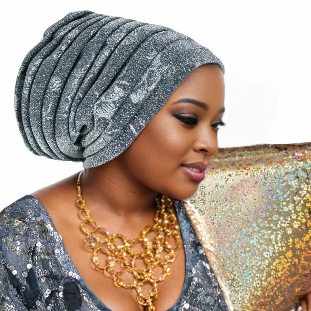 Glitter Full Body Pleated Turban Cap for Women 2025 Lady Head Wraps Muslim Headscarf Hat Turbante Mujer African Headpiece