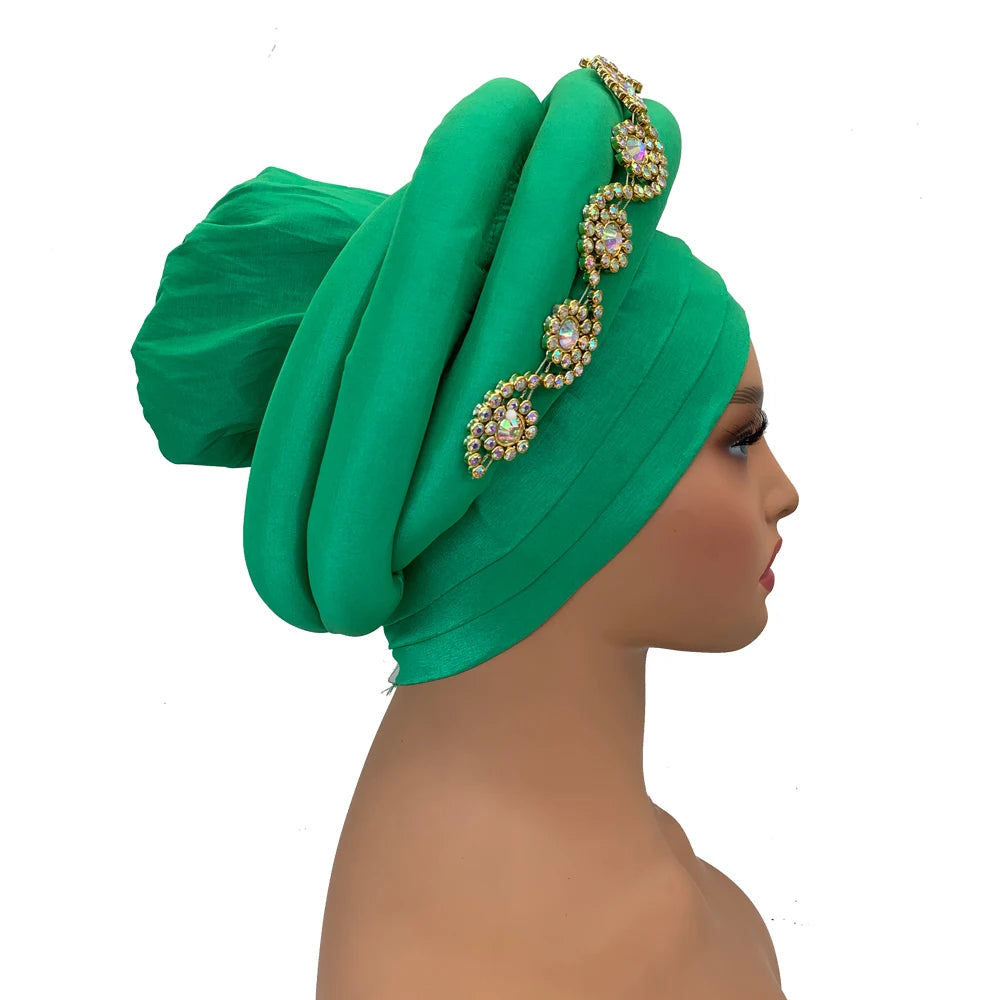 Twisted Braid Turban Cap for Women African Lady Head Wraps Diamonds Nigeria Raw Silk Autogele Headtie Muslim Hat Party Headwear - NamafadStore