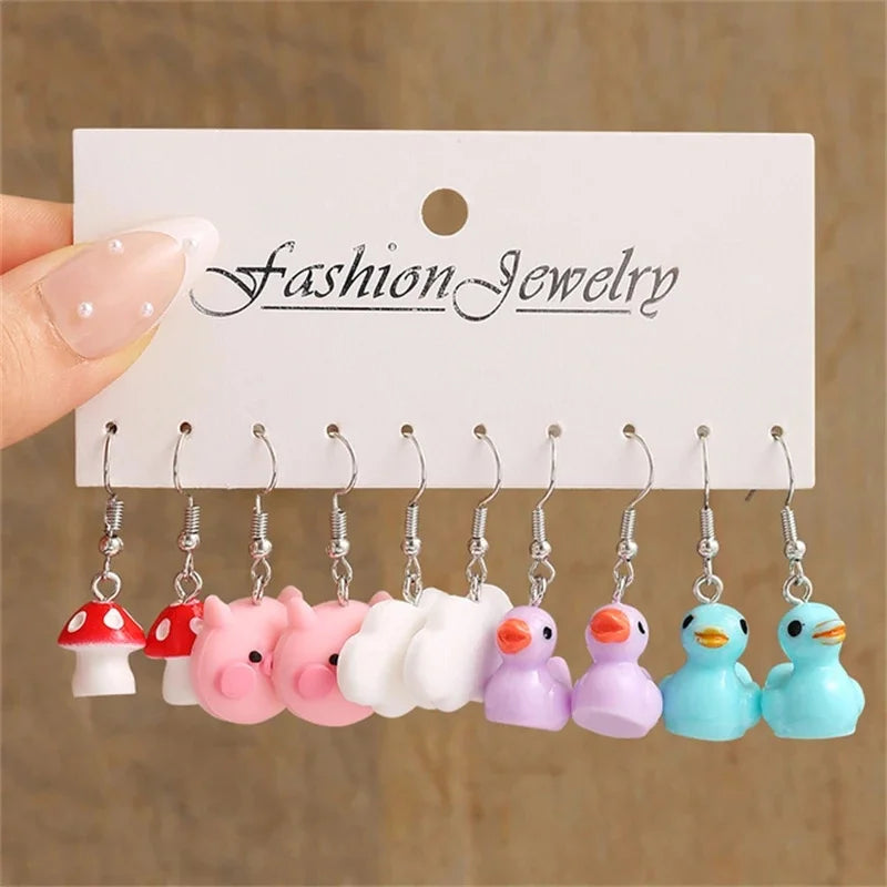 Colorful Butterfly Heart Cartoon Dangle Earrings Set For Women Girl Kids Cute Duck Clouds Resin Drop Earring Jewelry Accessories