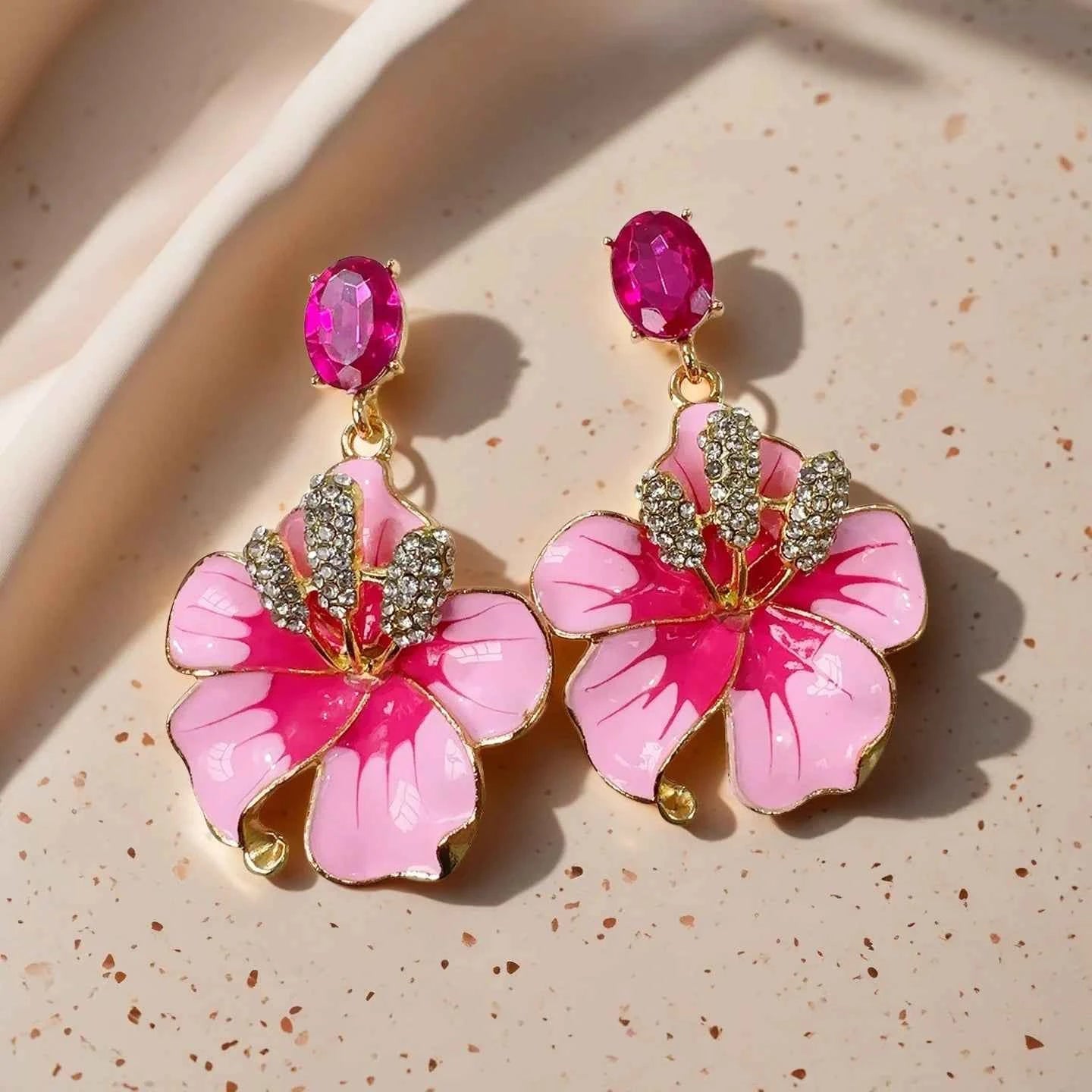 Korean Multi-color Enamel Flowers Drop Earrings for Women Girls Blue Crystal Dangle Earrings Party Jewelry Gifts
