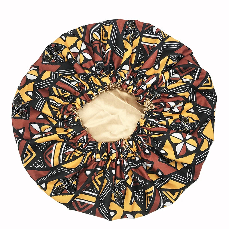 New African Ankara Pattern Satin Linned Bonnet Women Long Ribbon Headwrap Double Layer Headscarf Big Size Adult Hair Cover