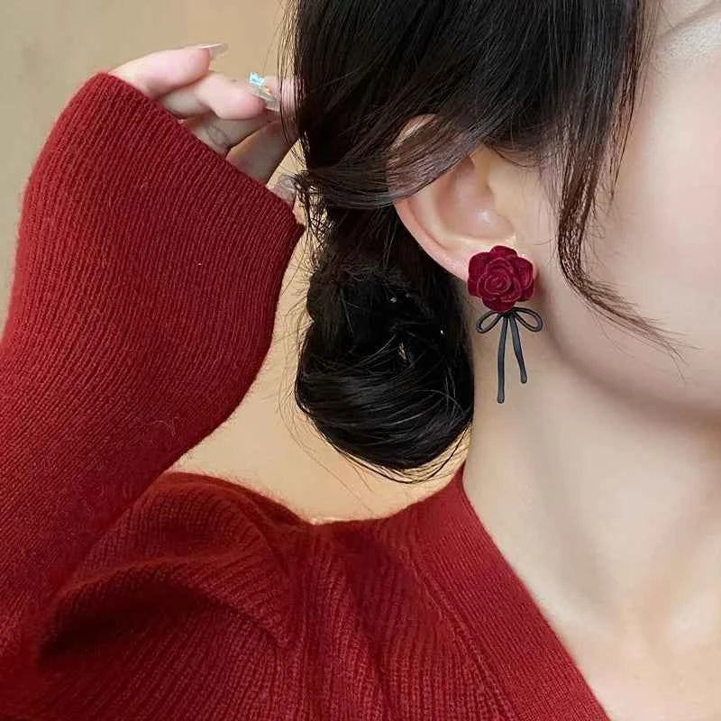New Retro Flocking Flower Bow Earrings Luxury Roses Fashion Earings for Women Jewelry