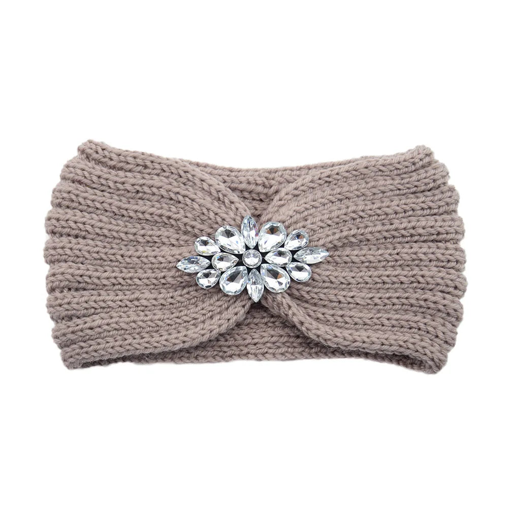 Elegant Women Rhinestone Knitted Hair Bands Ear Protection Headband Head Cover Face Washing Exercise Yoga Warm Wool Headwrap - NamafadStore