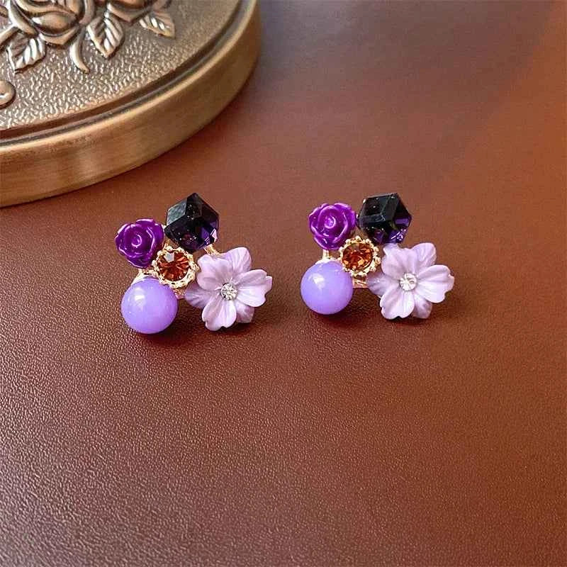 Yellow Purple Green Blue Flower Stud Earrings for Women Korean Fashion Acrylic Rhinestones Crystal Party Ear Jewelry Girls Gift