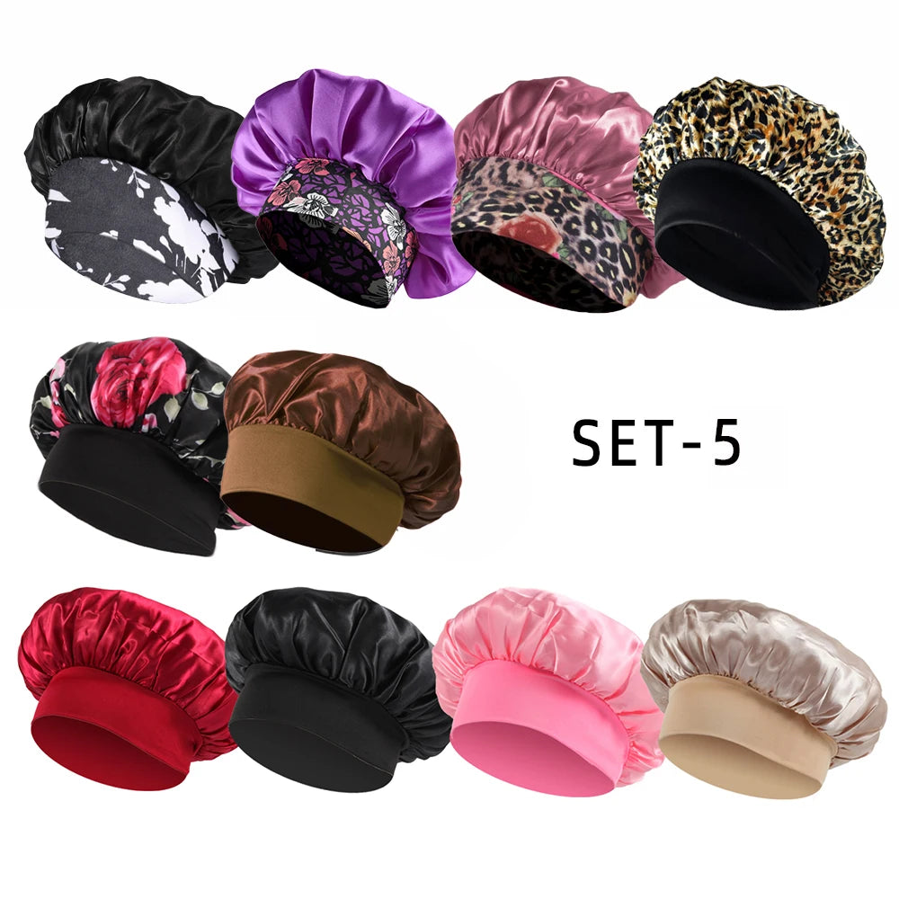 10PCS Women Satin Bonnet Elastic Wide Band Night Sleep Hat Solid Floral Printed Soft Silk Cap Set Beauty Salon Hair Care Hats - NamafadStore