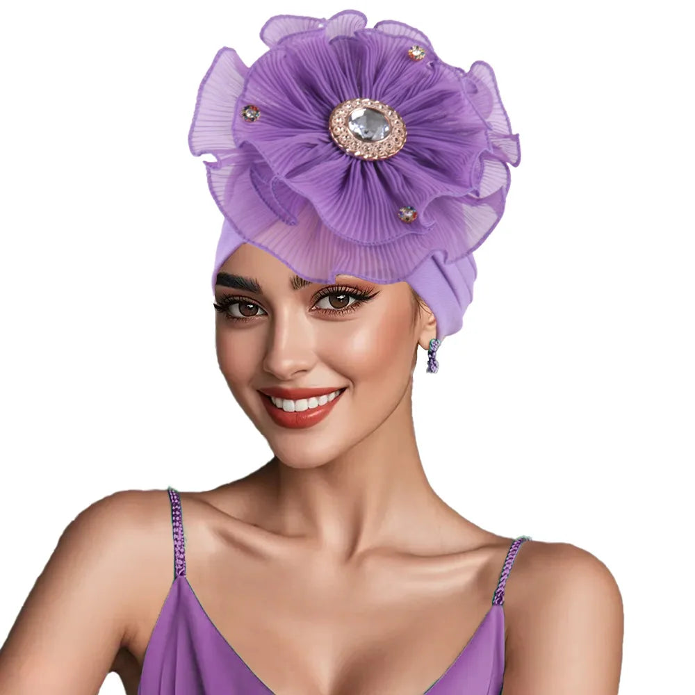 Trendy Crinkle Hijab Solid Color Muslim Ladies Turban Bonnet with Flower Decor for Ramadan and Everyday Wear
