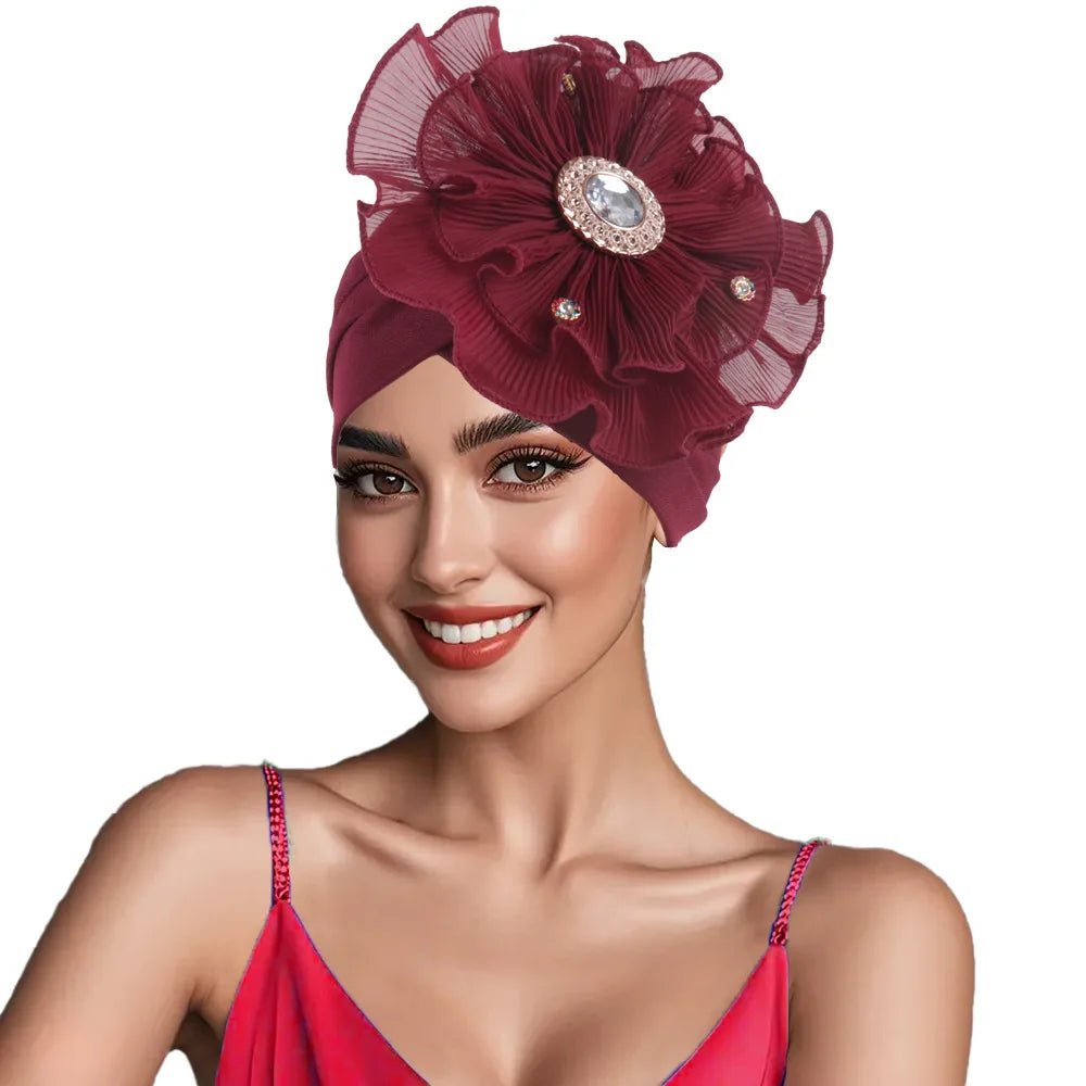 Trendy Crinkle Women's Hijab Solid Color Muslim Ladies Turban Bonnet Flower Decor Ramadan Head Wrap Head Scarf Indian Hat Mujer - NamafadStore