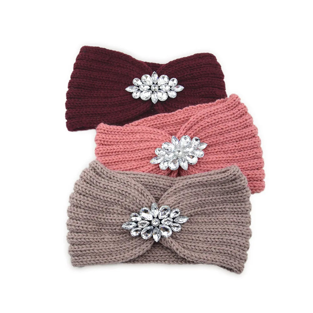 Elegant Women Rhinestone Knitted Hair Bands Ear Protection Headband Head Cover Face Washing Exercise Yoga Warm Wool Headwrap - NamafadStore