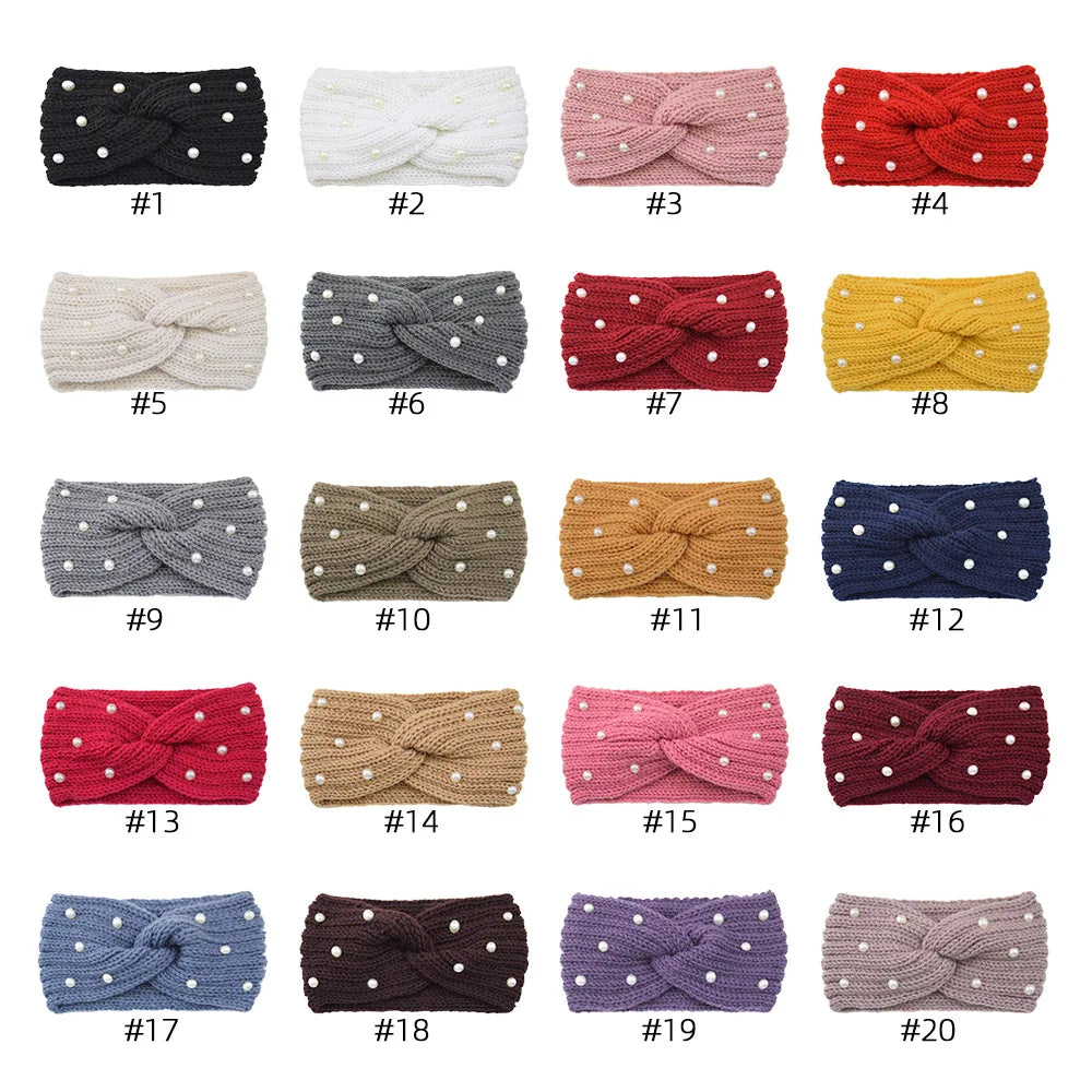 Fashion Pearls Knitted Headband Women Cross Knotted Hair Bands Autumn Winter Ear Warmer Protectors Wide Turban Hair Accessories - NamafadStore