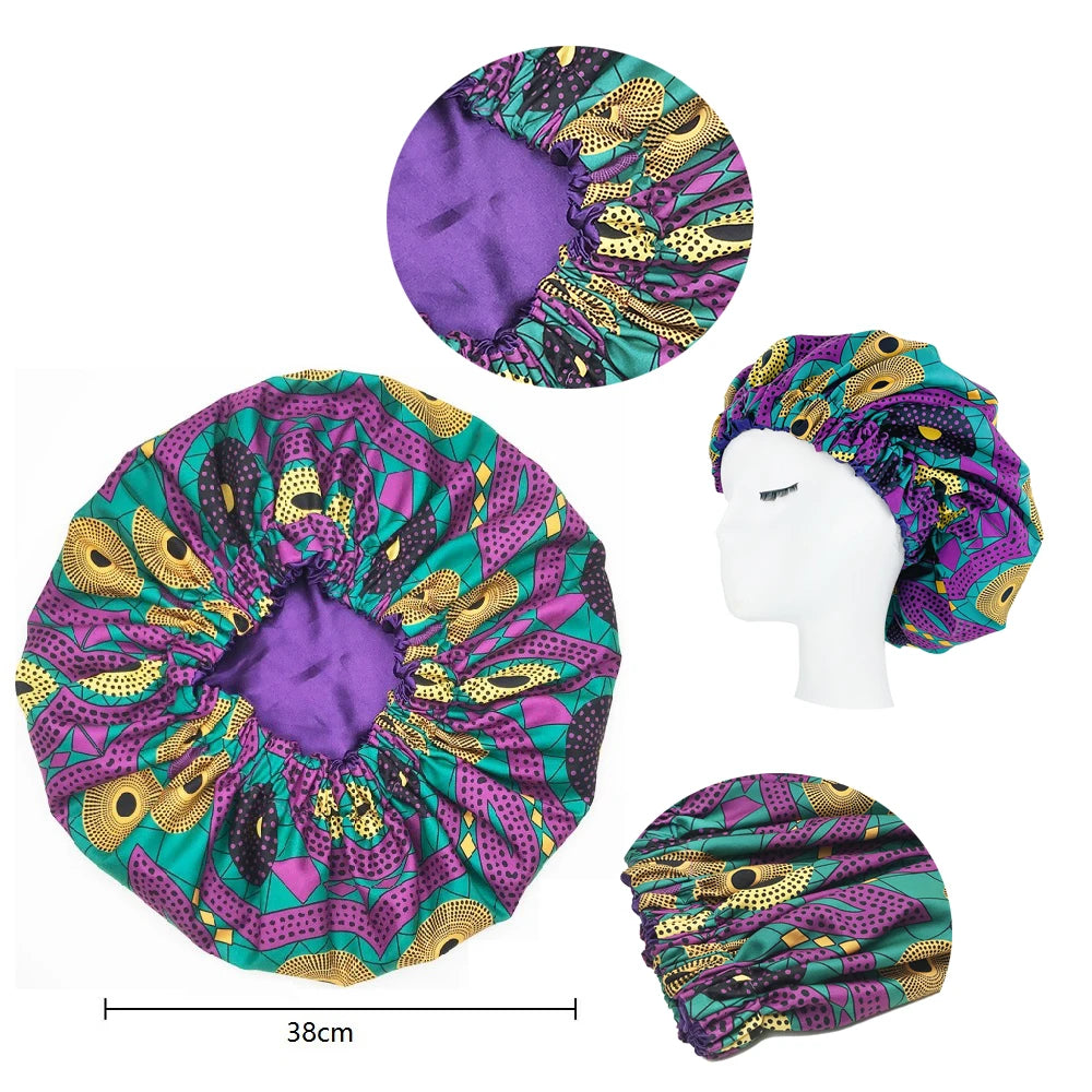 New African Ankara Pattern Satin Linned Bonnet Women Long Ribbon Headwrap Double Layer Headscarf Big Size Adult Hair Cover