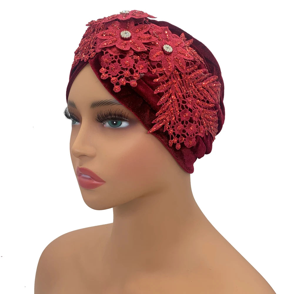 Applique Flower Embroidery Turban Caps for Women Ruffle Velvet Headscarf Bonnet Hat Female Head Wraps Turbante Mujer - NamafadStore