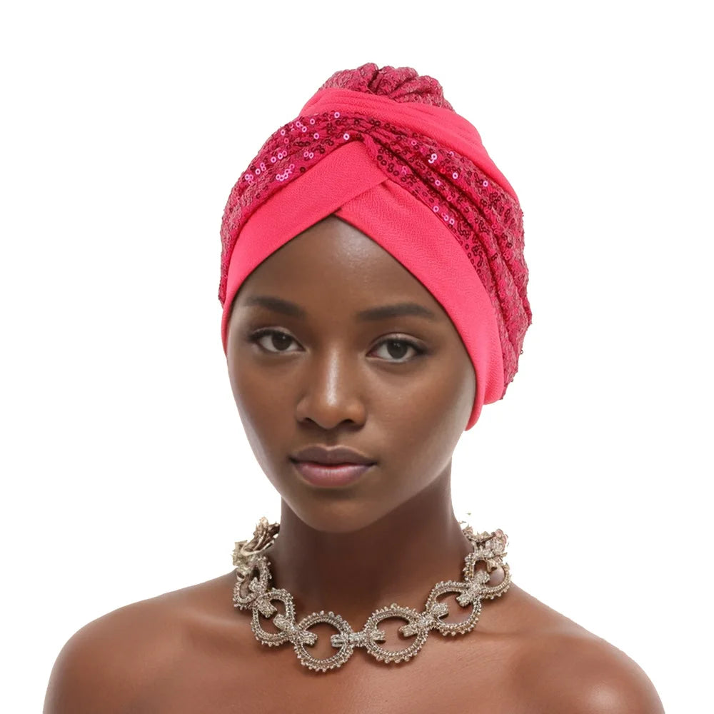 Glitter Sequins Ruffle Turban Cap Elegant Women Headscarf Bonnet Female Head Wraps Nigeria Wedding Party Headgear Headpiece