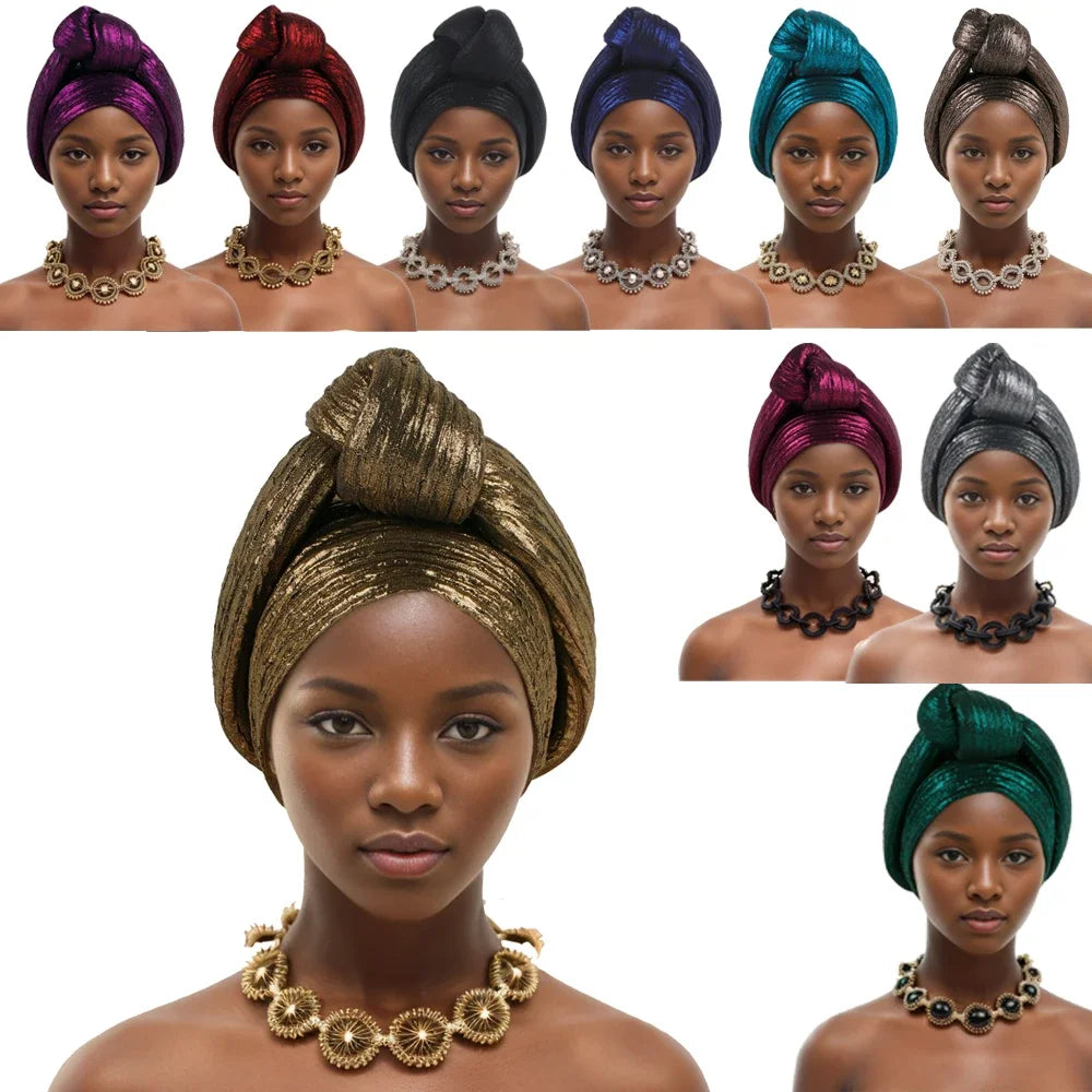 Glitter Fabric African Auto Gele Headtie Nigeria Party Headwear Turbante Mujer Knoted Turban Cap Women's Head Wraps - NamafadStore