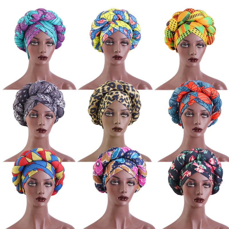 New African Print Twisted Large Braid Turban Hat Muslim Hijab Hat Elastic Head Wraps Headscarf Ramadan Headscarf Beanie Hats - NamafadStore