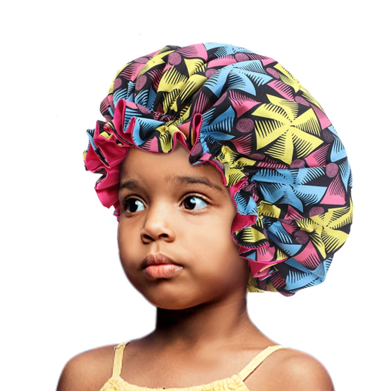 Kids Elastic Sleep Cap African Print Hair Bonnet Turban Satin Lined Cap Night Sleep Hat Children Turban Hair Wrap Styling Tools - NamafadStore