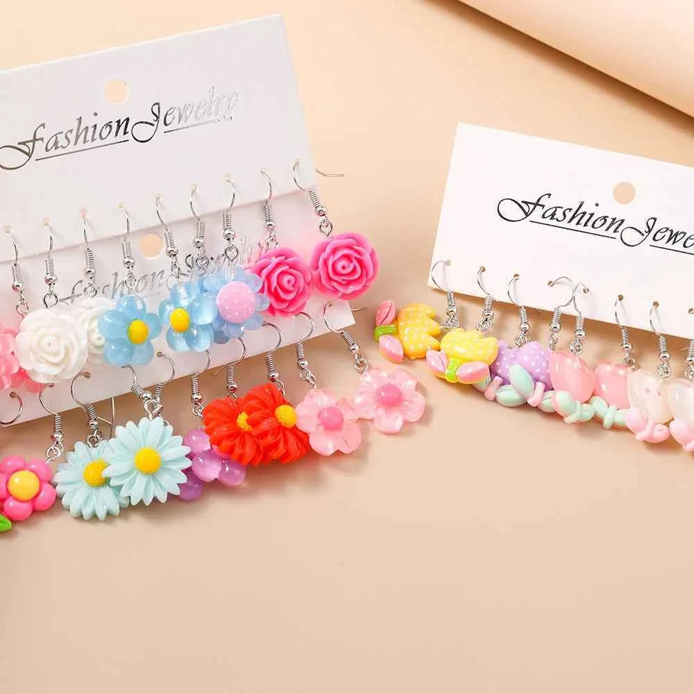Cute 5 Pairs Flower Earrings for Women Girls Colorful Dangle Drop Earrings Handmade Kids Jewelry Gifts