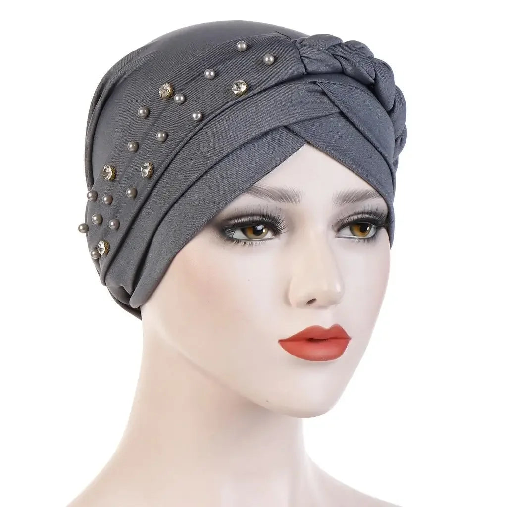 Women Lady Beads Muslim Braid Head Turban Wrap Cover Cancer Chemo Islamic Arab Cap Hat Hair Loss Bonnet Beanies Fashion - NamafadStore