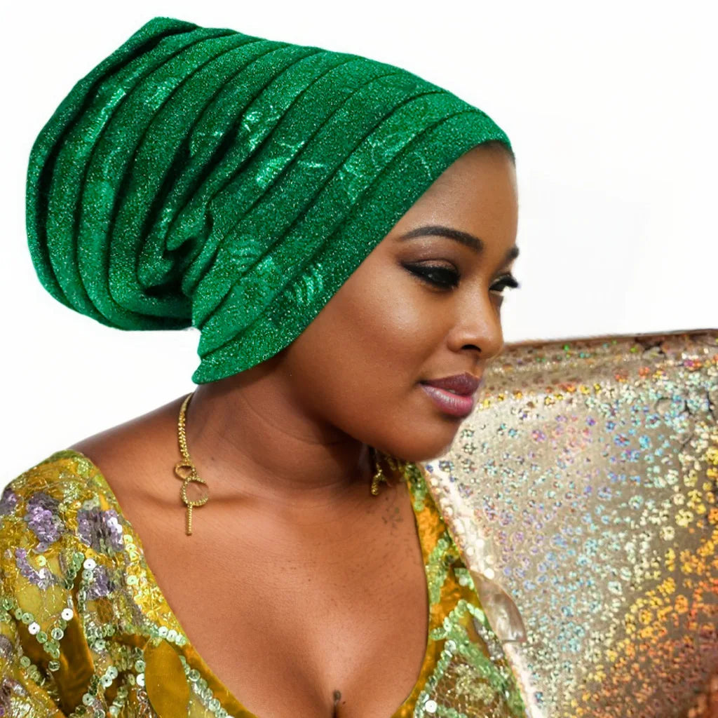 Glitter Full Body Pleated Turban Cap for Women 2025 Lady Head Wraps Muslim Headscarf Hat Turbante Mujer African Headpiece