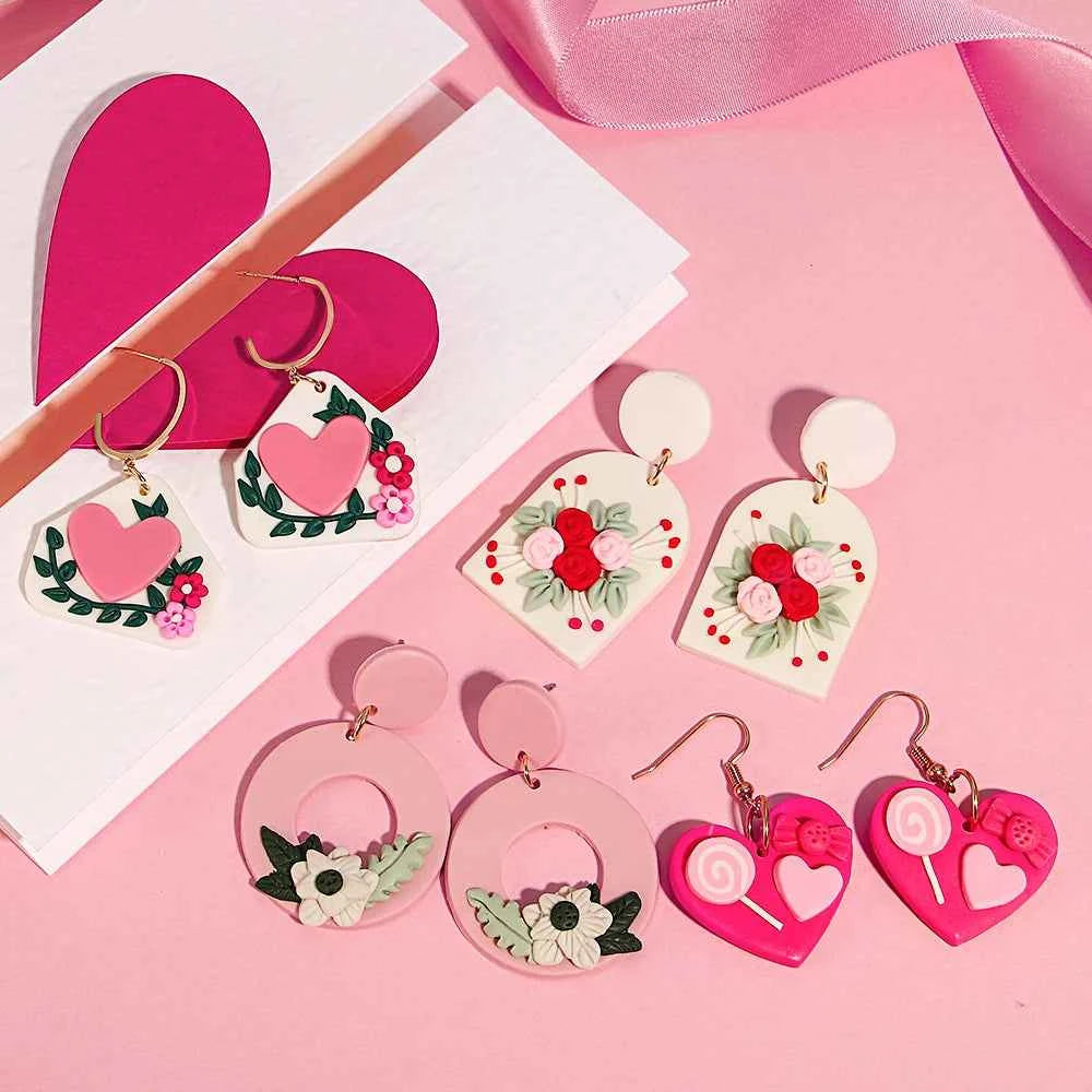 AENSOA Hollow Round Flower Earring For Women Polymer Clay Valentine's Day Girls Gift Heart Pattern Ear Accessories Jewelry INS
