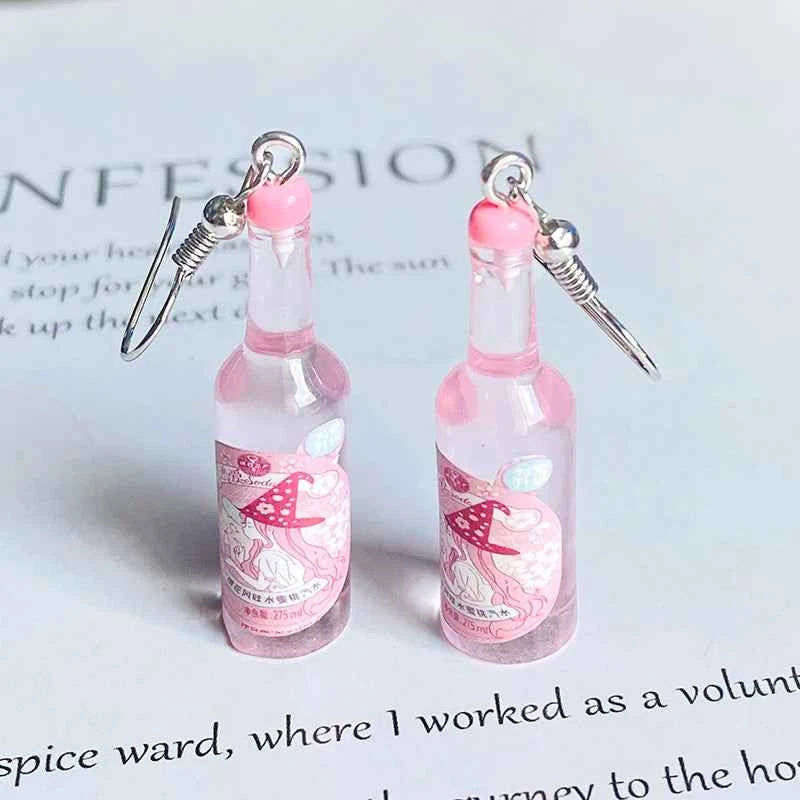Transparent Pink Bottles Peach Drop Earrings Cute Funny Romantic 3D Simulation Fruit Drink Pendant Earring Women Gift Jewelry