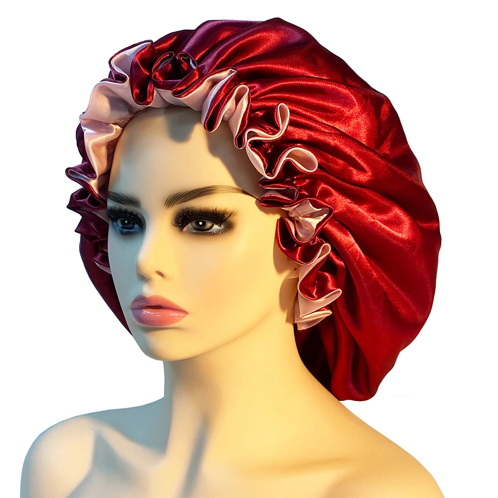 Women Satin Bonnet Fashion Double Layer Silky Big Bonnet for Lady Sleep Cap Head Wrap Hair Styling Accessories