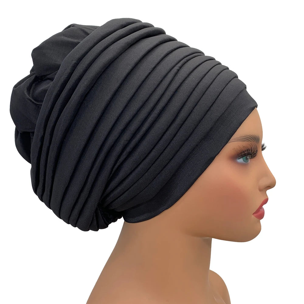 New Raw Silk Pleated Turban Cap for Women African Female Head Wraps Nigeria Lady Headwear Hat Wedding Headtie - NamafadStore
