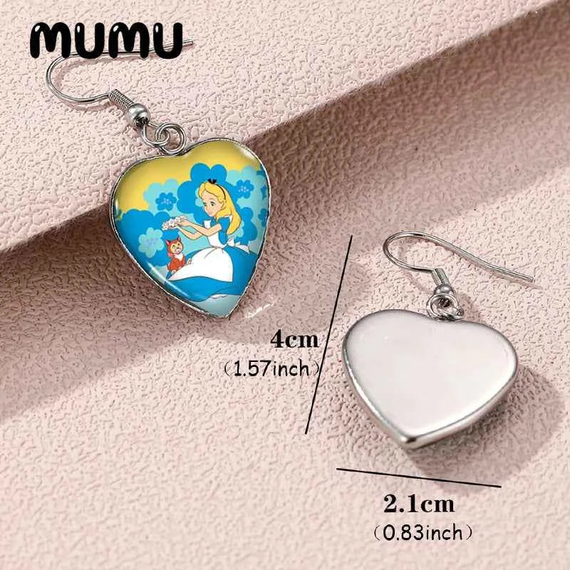 2024 New Alice in Wonderland Dangle Earring Heart Shaped Earrings Handmade Glass Dome Jewelry Gifts Fans