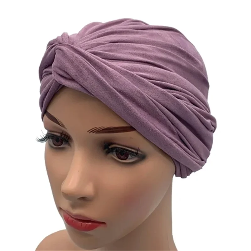 Fashion Women Cross Twist Suede Turban Caps Soild Color Female Headscarf Bonnet Muslim Hijab Cap Islamic Under Scarf India Hat - NamafadStore