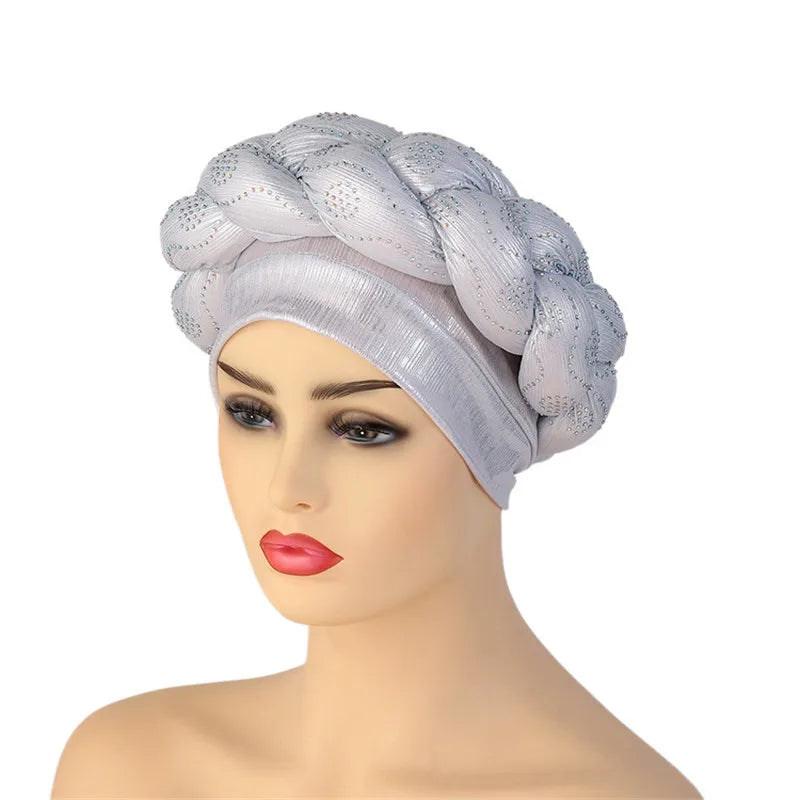 Glitter Diamonds Braids African Autogele Headtie Women Turban Cap Female Head Wraps - NamafadStore