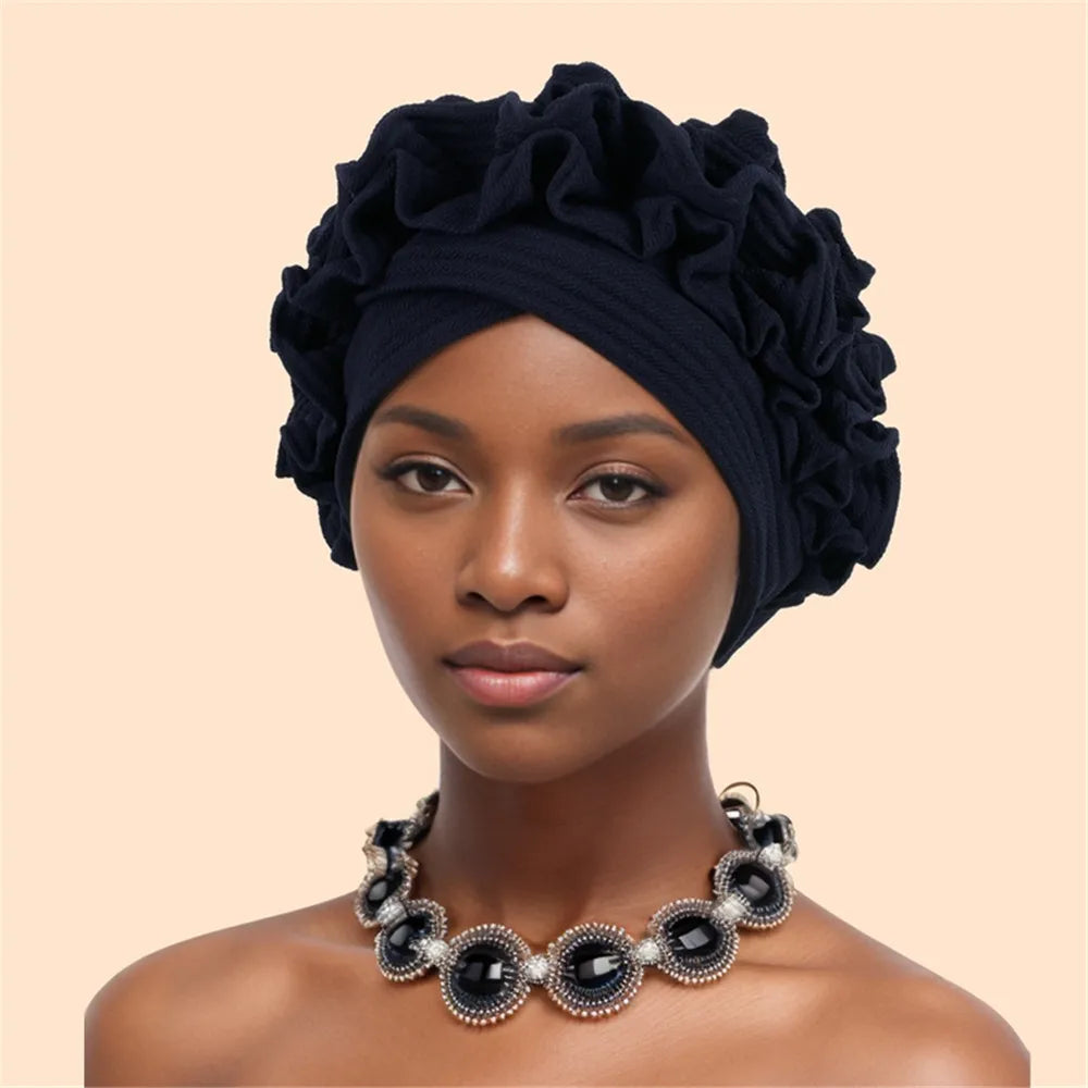 Ruffled Turban Cap Women's Head Wraps Soft Comfortable Headscarf Bonnet Lady Soild Color Headgear - NamafadStore